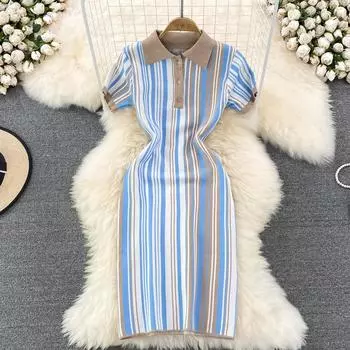 Новое летнее вязаное платье с короткими рукавами и пуговицами в стиле ретро в полоску One Size небесно-голубой