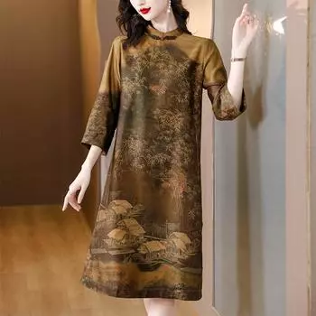 Новое летнее высококачественное мамино новое китайское шелковое длинное платье с принтом в стиле ретро, женские платья L