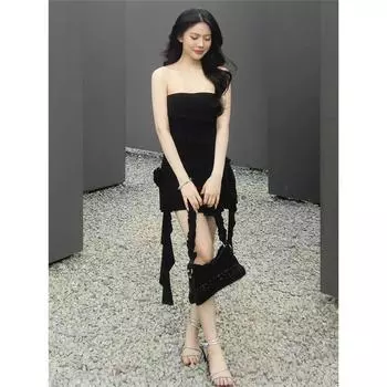 Новое летнее Y2K сексуальное платье без бретелек горячая распродажа для девушек с открытыми плечами в стиле медузы с грибной оборкой, облегающее грудь, с нерегулярной бахромой L чёрный