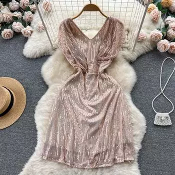 Новое летнее женское элегантное вечернее платье с блестками и блестками, мини-короткие сексуальные клубные платья с v-образным вырезом S золотой