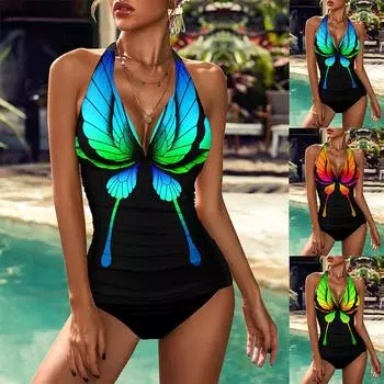 Новое летнее женское бикини синее с большой бабочкой и принтом висит на шее, сексуальный модный цельный пляжный купальник S-5XL 2XL синий