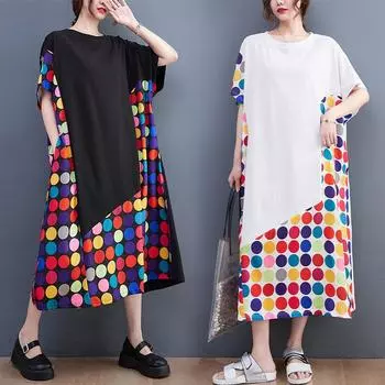 Новое летнее женское длинное платье больших размеров из хлопка в горошек, цветное пэчворк, элегантное модное макси-платье А-силуэта One Size чёрный