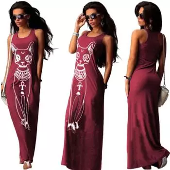 Новое летнее женское длинное повседневное платье без рукавов с принтом маленькой кошки S красный