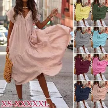 Новое летнее женское хлопково-льняное платье, модное длинное платье с v-образным вырезом, повседневное свободное свободное вечерние пляжное платье размера плюс XXXXXL красный