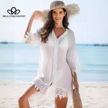 Новое летнее женское короткое платье, сексуальное полое кружевное защитное платье от солнца, пляжное платье, отпускное платье S белый