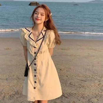 Новое летнее женское мини-платье в японском стиле в консервативном стиле с матросским воротником и абрикосовыми пуговицами, платье-рубашка с пышными рукавами, шикарное хлопковое короткое платье S