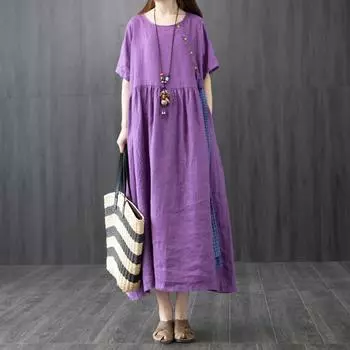 Новое летнее женское модное свободное платье из хлопка и льна с коротким рукавом и круглым вырезом, повседневное платье, женские платья M оранжевый