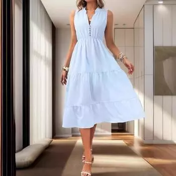 Новое летнее женское платье без рукавов в полоску с V-образным вырезом 2025 года S светло-синий