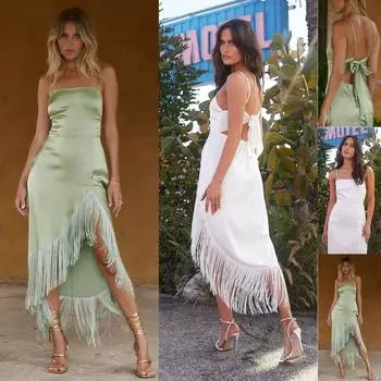 Новое летнее женское платье с бахромой, нерегулярными подтяжками, однотонное, со шнуровкой на спине и низкой грудью S