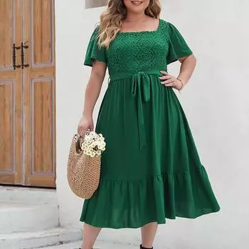 Новое летнее женское платье с квадратным воротником и короткими рукавами, тонкое дышащее зеленое длинное платье с высокой талией, повседневное модное вечернее платье больших размеров XL зелёный