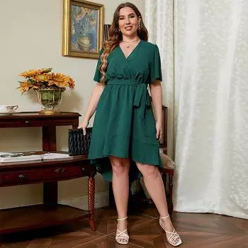Новое летнее женское платье с v-образным вырезом и короткими рукавами, облегающее платье с высокой талией и шнуровкой, удобное дышащее повседневное модное платье больших размеров среднего размера XL зелёный