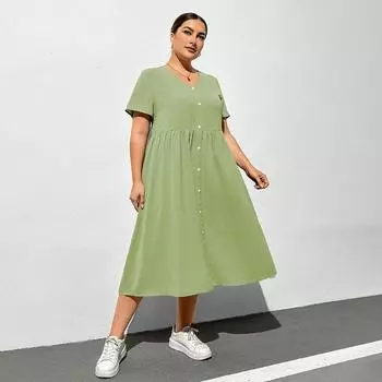 Новое летнее женское платье с v-образным вырезом и коротким рукавом, темпераментное модное праздничное платье размера плюс, свободное зеленое платье с высокой талией XL