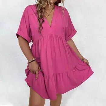 Новое летнее женское платье с v-образным вырезом и короткими рукавами, элегантное темпераментное модное повседневное платье размера плюс, свободное однотонное платье XL