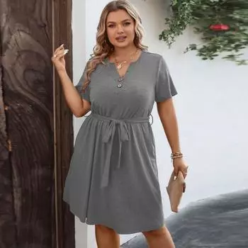 Новое летнее женское платье с v-образным вырезом и короткими рукавами и высокой талией, элегантное темпераментное модное повседневное платье размера плюс, тонкое серое платье XL серый
