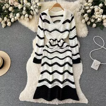 Новое летнее женское полосатое вязаное платье-свитер, модное повседневное трикотажное платье миди с коротким рукавом и v-образным вырезом One Size белый
