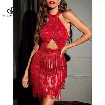 Новое летнее женское сексуальное короткое платье в европейском и американском стиле, с кисточками и висячим вырезом, без рукавов, с открытой спиной S серебряный