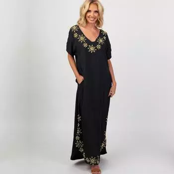 Новое лето, накидка на бикини, халат с v-образным вырезом и вышитыми карманами, хлопковое длинное платье в стиле инди-фолк, повседневное свободное женское пляжное накидка Q1358 One size чёрный