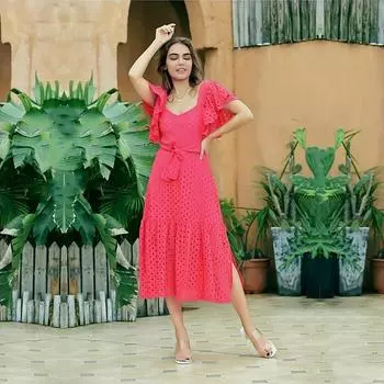 Новое лето, накидка на бикини, красная вышивка, рукава в виде листьев лотоса, завязка на спине, тонкое платье миди, женская элегантная пляжная одежда, купальник, накидка A1233 S красный