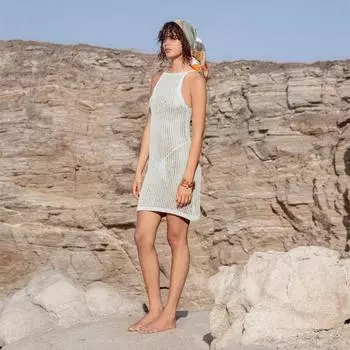 Новое лето, пляжное бикини, сексуальное вязаное тонкое платье с полыми слингами, повседневное женское платье для купания, Q1255 One size синий