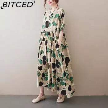 Новое литературное платье большого размера с цветочным принтом и короткими рукавами, пляжные длинные платья One Size разноцветный