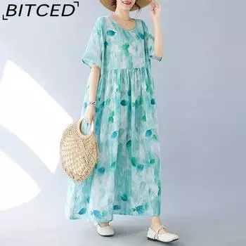 Новое литературное платье большого размера с цветочным принтом и короткими рукавами, пляжные длинные платья One Size небесно-голубой
