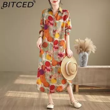 Новое литературное платье в стиле ретро с длинными рукавами и принтом, свободная тонкая удлиненная рубашка с лацканами L разноцветный