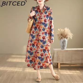 Новое литературное платье в стиле ретро с длинными рукавами и принтом, свободная тонкая удлиненная рубашка с лацканами L разноцветный