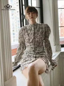 Новое маленькое платье с цветочным принтом в стиле Хепберн, женское элегантное платье с длинными рукавами для женщин, повседневное элегантное короткое пляжное платье S чёрный