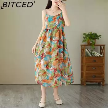 Новое милое двухслойное шелковое льняное платье с принтом в стиле ретро, женское темпераментное платье с бретелькой на бретельках, длинное женское платье снаружи M разноцветный