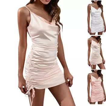 Новое модное атласное плиссированное платье с v-образным вырезом и открытой спиной, женское цветное платье на бретельках L хаки