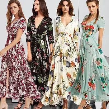 Новое модное бохо платье женское V-образный вырез цветочный принт большое качели длинное платье плюс размер S-5XL XXXXXL белый