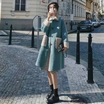 Новое модное двухслойное утолщенное композитное пальто, утолщенное пальто из искусственного плюша ягненка, женское, средней и длинной длины, универсальное S синий