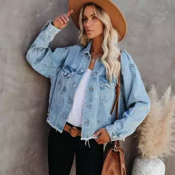 Новое модное европейское и американское женское джинсовое пальто с потертой коротенькой курткой свободного покроя для женщин S