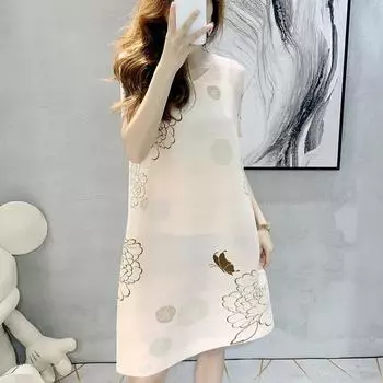 Новое модное летнее плиссированное платье с v-образным вырезом и принтом для молодежи и старения, платье в благородном и западном стиле M бежевый