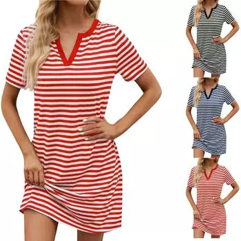 Новое модное модное женское свободное платье в полоску с коротким рукавом