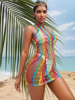 Новое модное нижнее белье для девочек в радужную сетку, облегающее платье, ажурная прозрачная короткая юбка, женские эротические мини-платья с перспективой XS