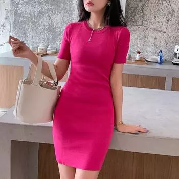 Новое модное облегающее сексуальное платье с круглым вырезом и коротким рукавом, летнее элегантное повседневное трикотажное повседневное платье, женское винтажное вечернее платье с высокой талией 25970 One Size темно-коричневого