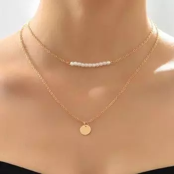 Новое модное ожерелье из сплава, цепочка для свитера, жемчужный диск, тонкое ожерелье на шею, двухслойная цепочка для ключицы для женщин 2 золотой