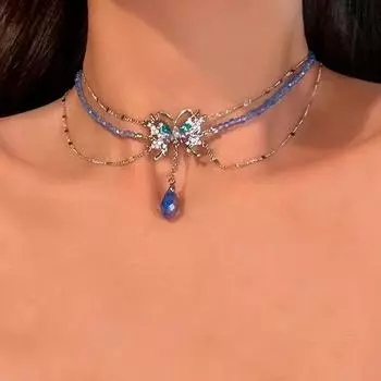 Новое модное ожерелье с подвеской в виде бабочки и бриллианта, синие бусины, многослойное ожерелье, подарок на вечеринку