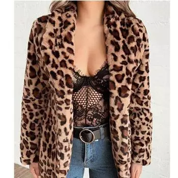 Новое модное пальто средней длины из искусственного меха с леопардовым принтом и лацканами для женщин S