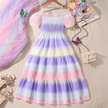 Новое модное платье для девочек, весна-лето, милое платье с короткими рукавами для детей 130cm=8Y