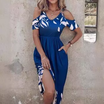 Новое модное платье с открытыми плечами и принтом на талии, длинное платье для женщин S синий