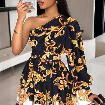 Новое модное платье с открытыми плечами и принтом на талии для женщин S чёрный