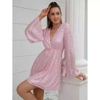 Новое модное платье с пайетками, глубоким V-образным вырезом и пышной юбкой с длинными рукавами