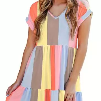 Новое модное повседневное платье с разноцветными полосками и контрастным принтом, V-образным вырезом и короткими рукавами для женщин S красный