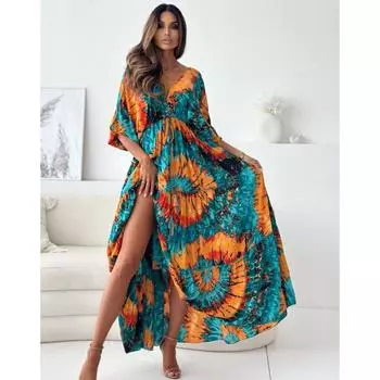 Новое модное повседневное свободное платье с рукавами-фонариками, элегантное летнее платье А-силуэта с высокой талией, женское платье больших размеров с цветочным принтом и открытой спиной 26160 S синий