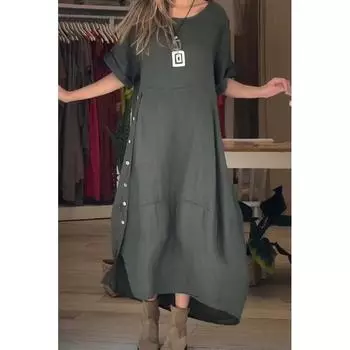 Новое модное повседневное универсальное женское летнее свободное и повседневное однотонное длинное платье из хлопка и конопли S оливковое зеленый