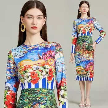Новое модное праздничное платье-карандаш с цветочным принтом, женская одежда, платья миди с длинным рукавом и круглым вырезом в полоску с цветочным принтом и разрезом XXL синий