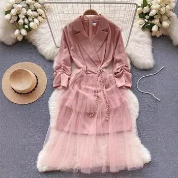Новое модное розовое платье-блейзер для женщин с бисером и жемчугом, пояс с зазубренным воротником, рукав три четверти, органза, сшитая из органзы, миди, платье-платье S розовый