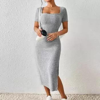 Новое модное сексуальное платье с квадратным воротником и боковыми разрезами, летнее облегающее трикотажное повседневное платье с коротким рукавом, женское элегантное однотонное платье с высокой талией 25974 XS светло-серый